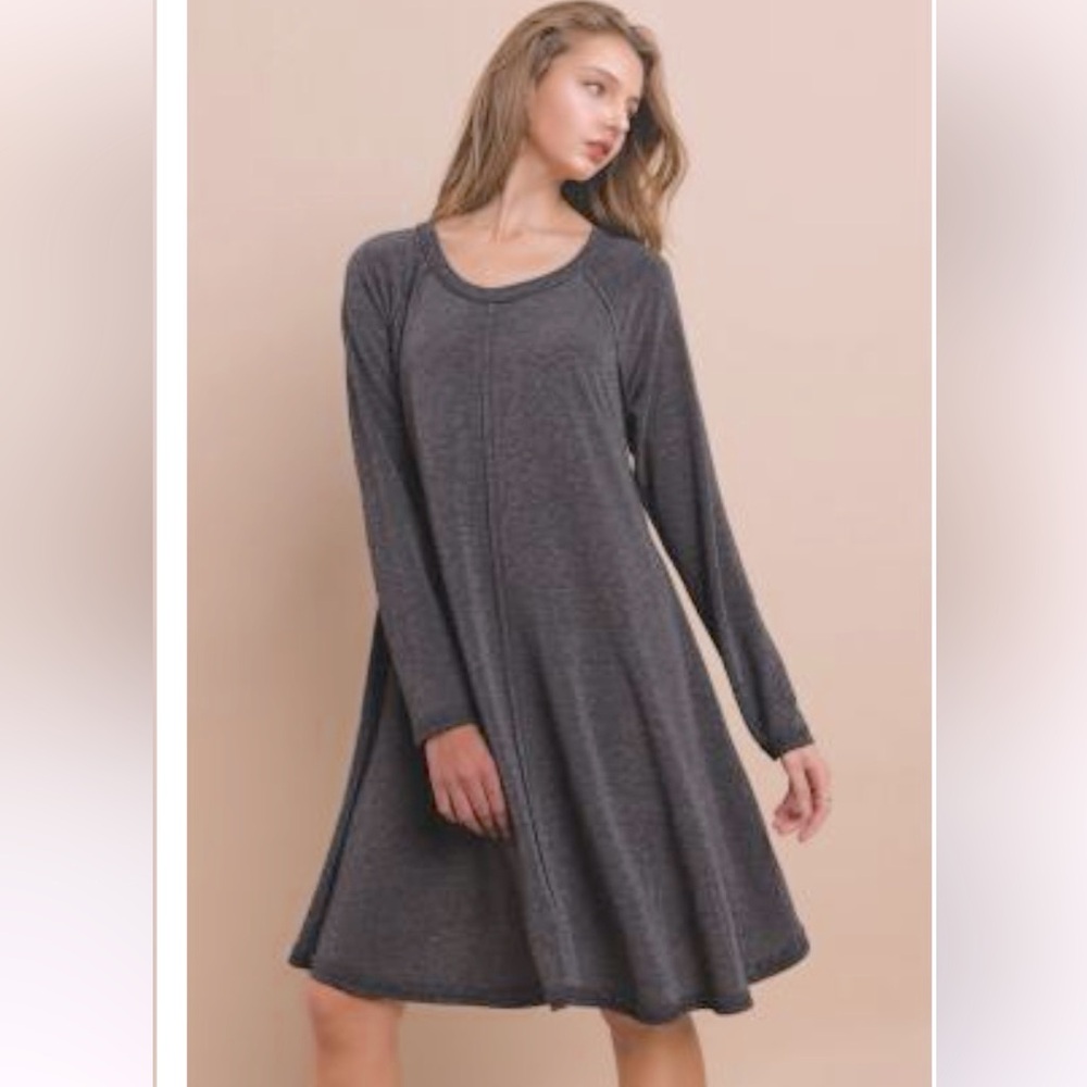 Solid Ribbed Round Neck Long Sleeve Dress